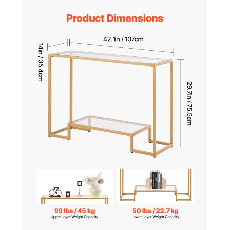 Konsolipöytä karkaistusta lasista metallirunkoinen kaksitasoinen kultainen seinäkiinnikkeellä