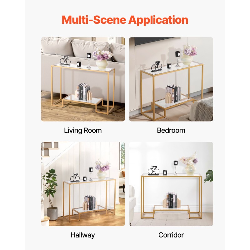 Konsolipöytä karkaistusta lasista metallirunkoinen kaksitasoinen kultainen seinäkiinnikkeellä