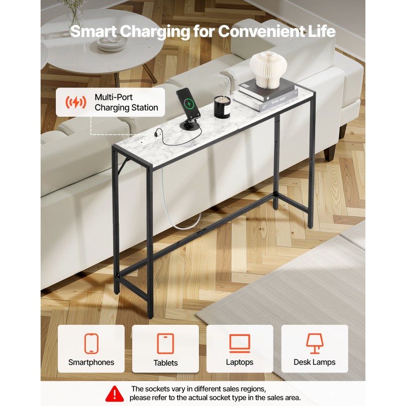 Kapea konsolipöytä 110 cm keinotekoinen marmoritaso integroitu pistorasia