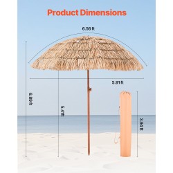 Olkikattoinen aurinkovarjo PP olkikatteella 198 cm halkaisija säädettävä kallistus 8 metallikaarta ulkokäyttöön