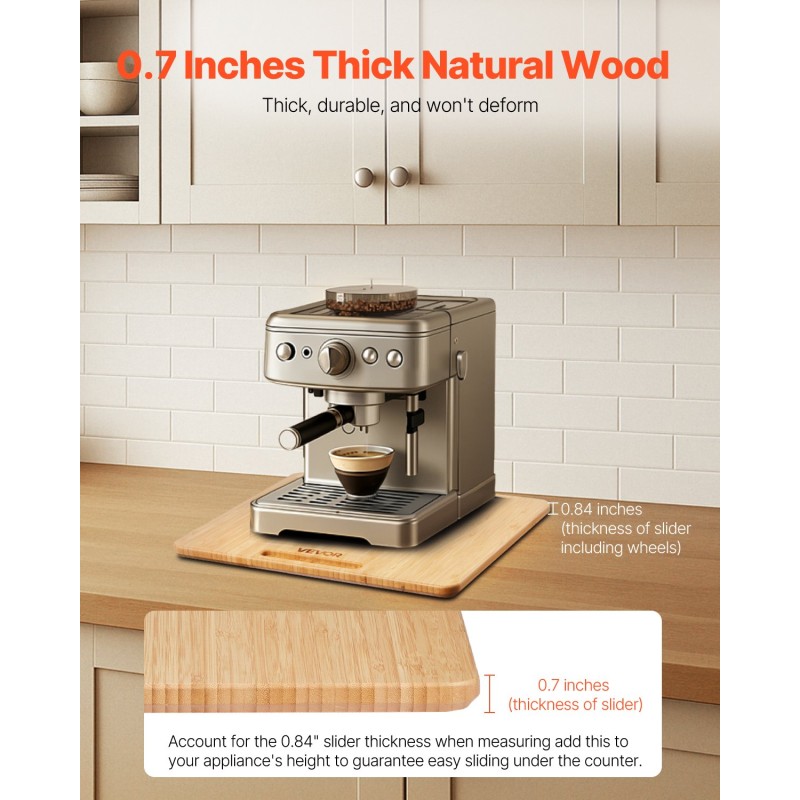 Keittiölaitteiden liukualusta luonnonpuusta kumipyörillä 330 x 406 mm 18,14 kg