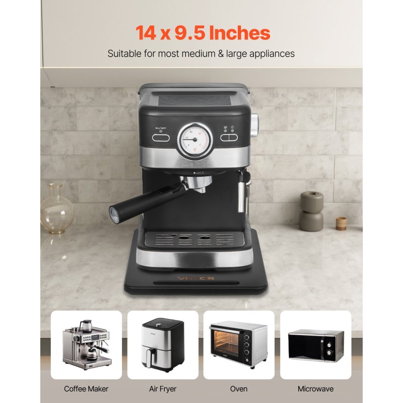 Keittiölaitteiden liukualusta 356 x 241 millimetriä musta 18 kilon kantavuus kumipyörillä kahvalla