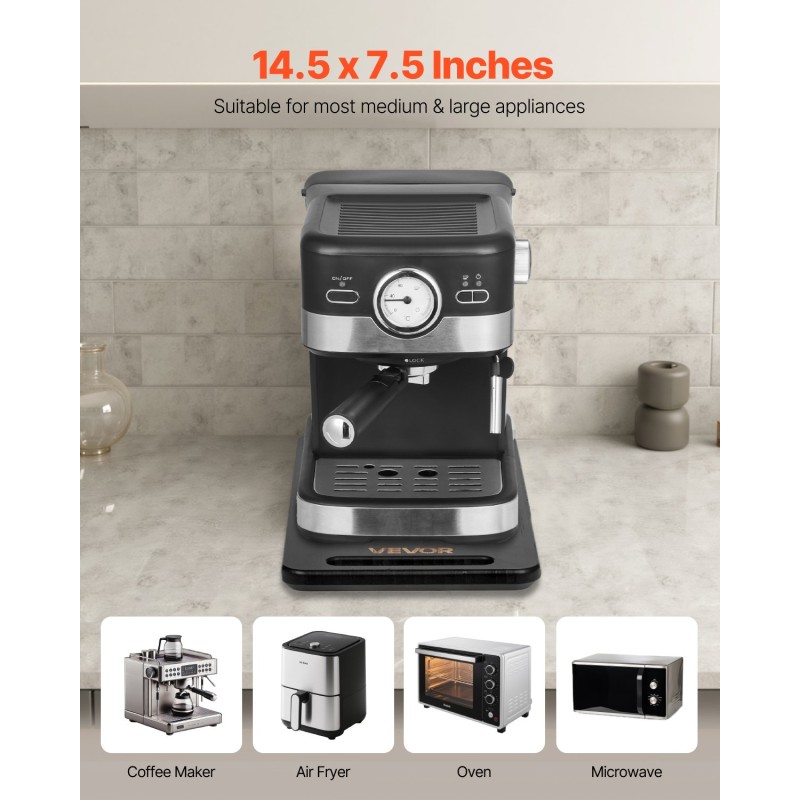 Keittiökonealusta musta keskikokoinen kantaa kahdeksantoista kilogrammaa pehmeillä kumipyörillä ontolla kahvalla