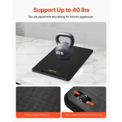 Liukualusta keittiölaitteille puulevy 406×305 mm kantavuus 18 kg pehmeät kumipyörät musta