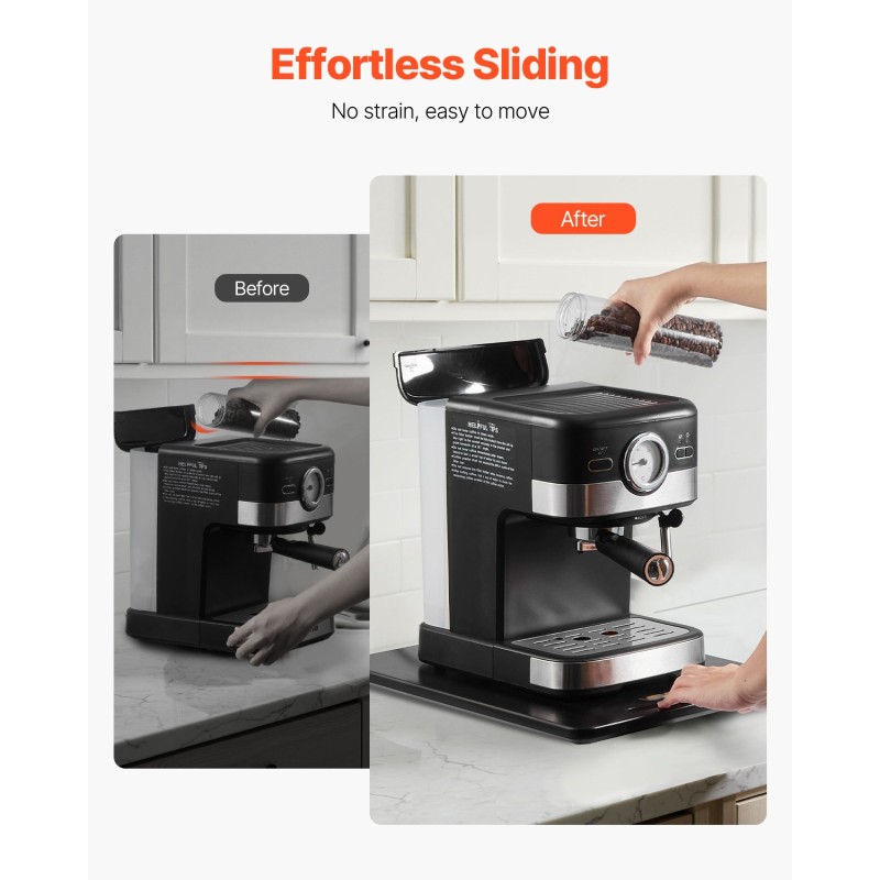 Liukualusta keittiölaitteille puulevy 406×305 mm kantavuus 18 kg pehmeät kumipyörät musta