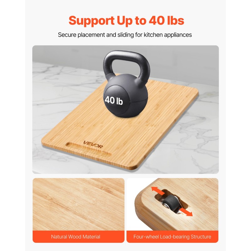 Liukulevy keittiökoneille luonnonpuu 406 x 305 mm kumipyörillä 18 kg kantavuus