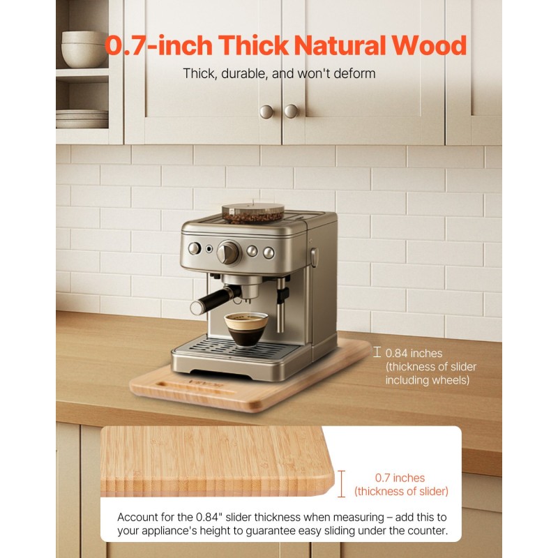 Liukulevy keittiökoneille luonnonpuu 406 x 305 mm kumipyörillä 18 kg kantavuus