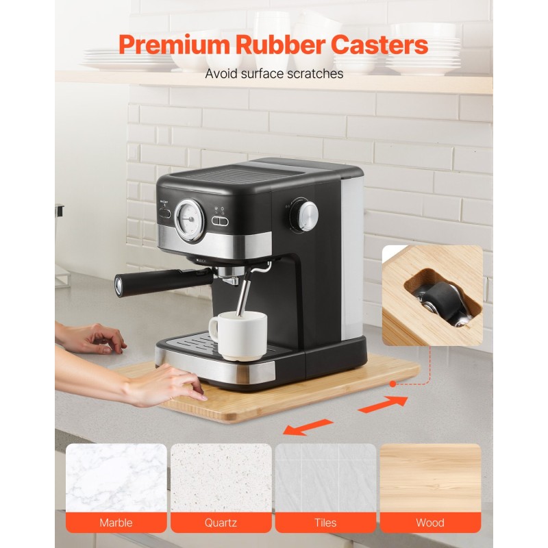 Liukulevy keittiökoneille luonnonpuu 406 x 305 mm kumipyörillä 18 kg kantavuus