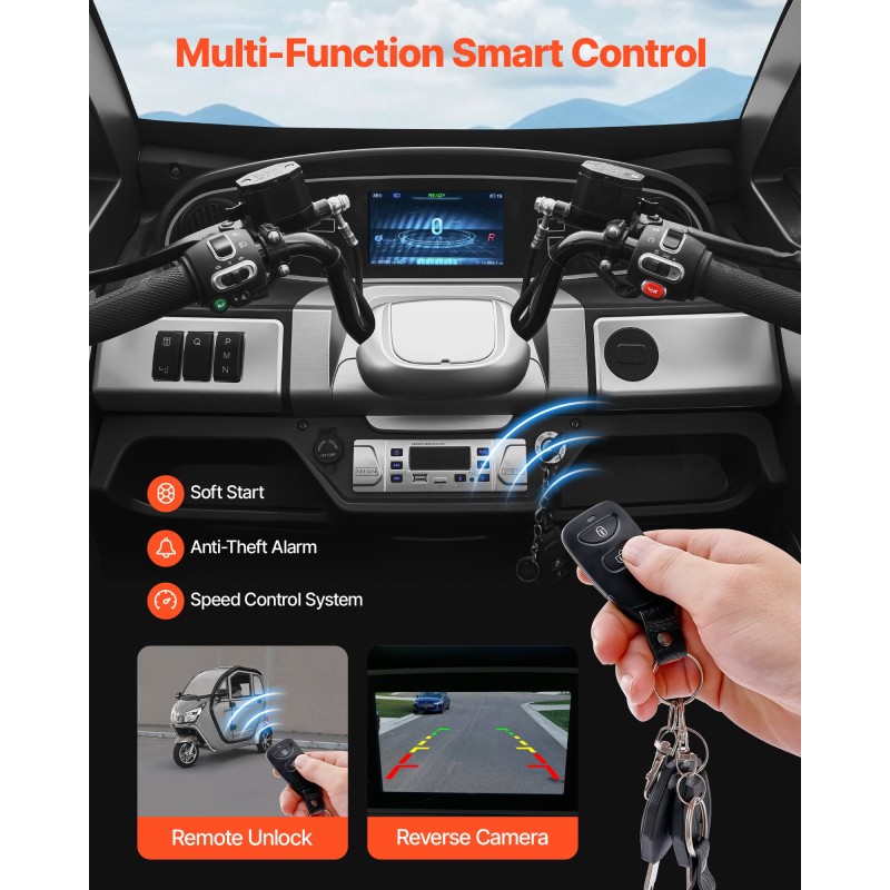 3-pyöräinen suljettu sähköskootteri kolmipaikkainen 1500W 60 km toimintasäde 295 kg kantavuus