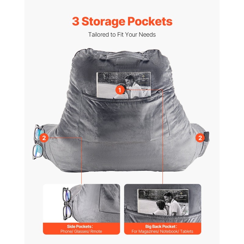 Luku- ja selkätyyny harmaa samettipäällinen silputtu muistivaahto 381x508x254 mm 3 taskua