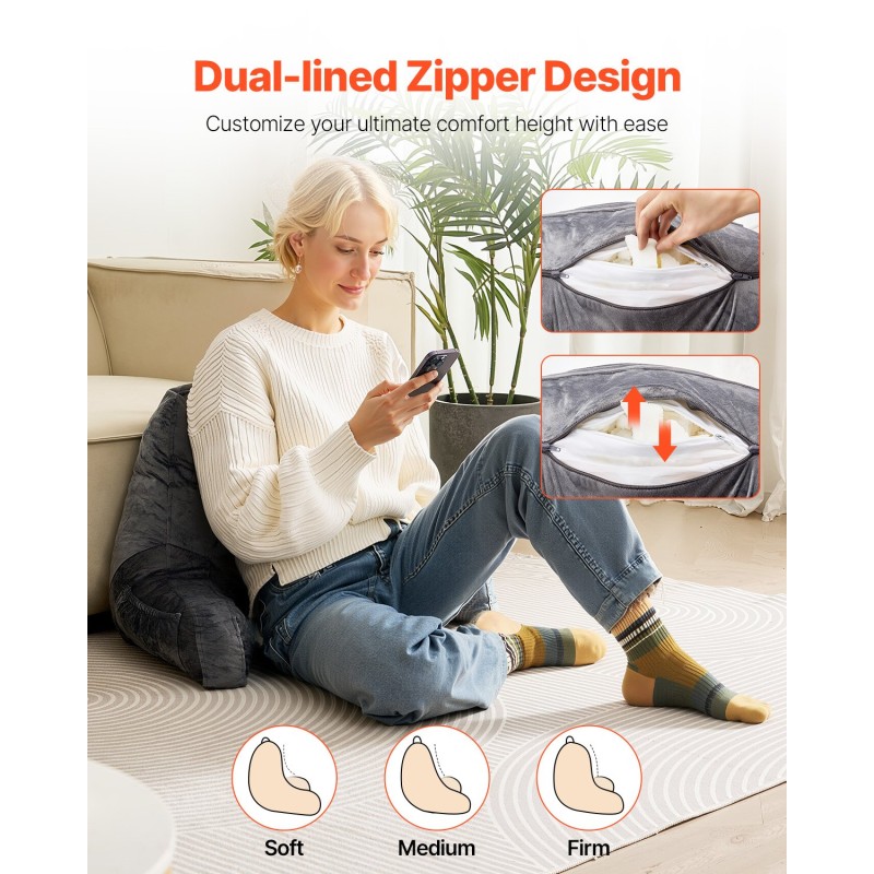 Selkätyyny silputulla muistivaahdolla samettipäällisellä 381×457×254mm harmaa kolmella taskulla