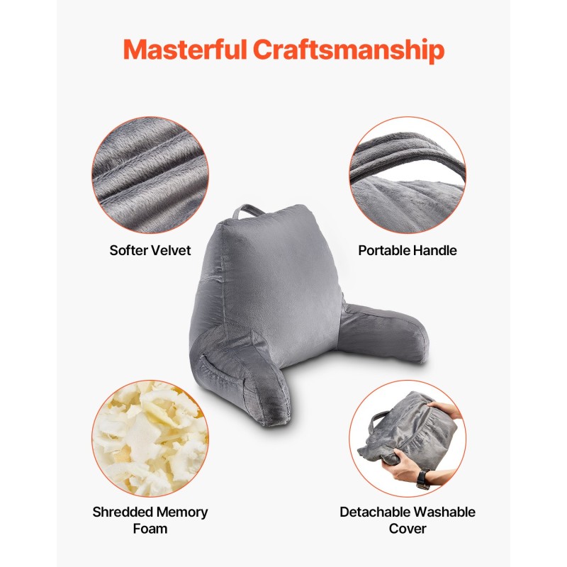 Selkätyyny silputulla muistivaahdolla samettipäällisellä 381×457×254mm harmaa kolmella taskulla