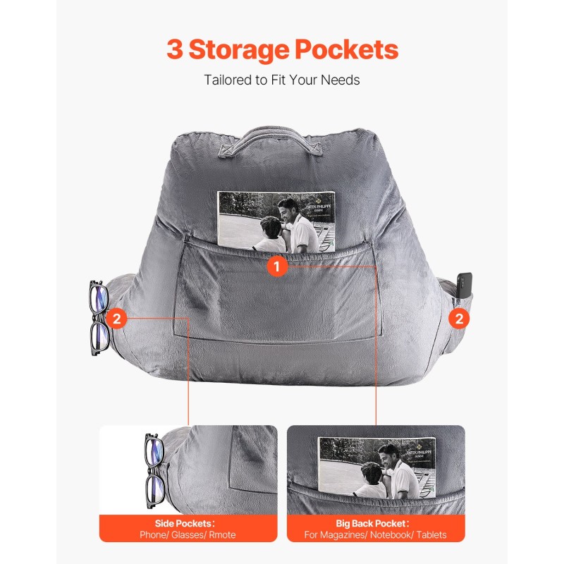 Selkätyyny silputulla muistivaahdolla samettipäällisellä 381×457×254mm harmaa kolmella taskulla