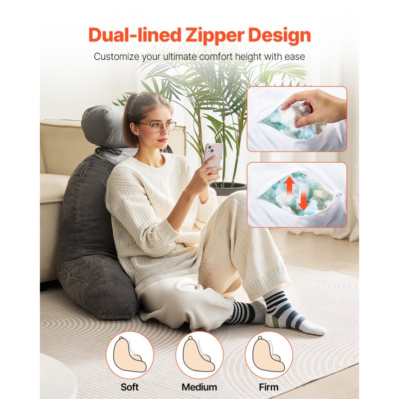 Tukityyny samettipäällisellä silputulla muistivaahdolla harmaa kolmella taskulla irrotettava niskatuki