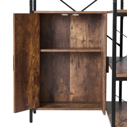 Kulmakirjahylly 6 kerroksinen L muotoinen metallirunko MDF puuhyllyt alakaapit ovilla musta ja ruskea