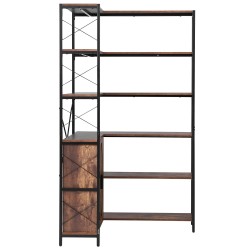 Kulmakirjahylly 6-kerroksinen L-muotoinen metallirunko MDF-puuhyllyt alakaapit ovilla musta ja ruskea
