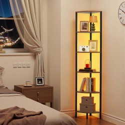 Kulmahylly metallirunko MDF-puuhyllyt 6 tasoa 171,5 cm LED-valonauhalla