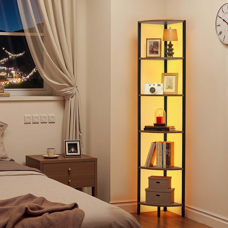 Kulmahylly metallirunko MDF-puuhyllyt 6 tasoa 171,5 cm LED-valonauhalla