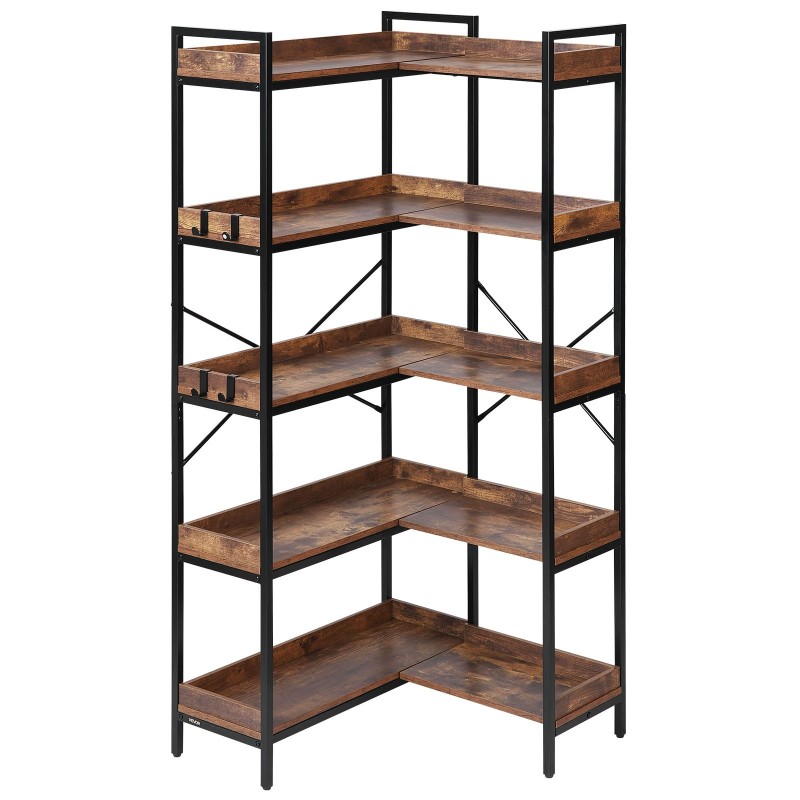 5-tasoinen L-muotoinen kulmakirjahylly musta metallirunko ruskeat puuhyllyt