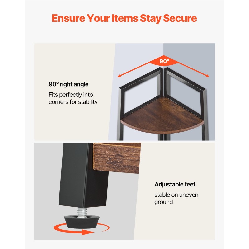 Kulmahylly 5-tasoa metallirunko MDF-hyllyt musta ja ruskea 43×43×178 cm