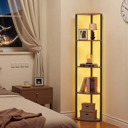 Kulmahylly 5 tasoa musta metallirunko ruskeat puuhyllyt LED-valonauhalla