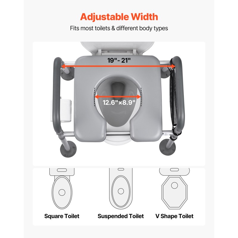 Sängynvierus-wc teräsrunko säädettävä korkeus ja leveys 227 kg 5L ämpäri
