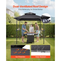 Metallinen grillikatos teräsrunko 2,43×1,5 m 2–4 hengelle tummanharmaa kaksikerroksinen katto