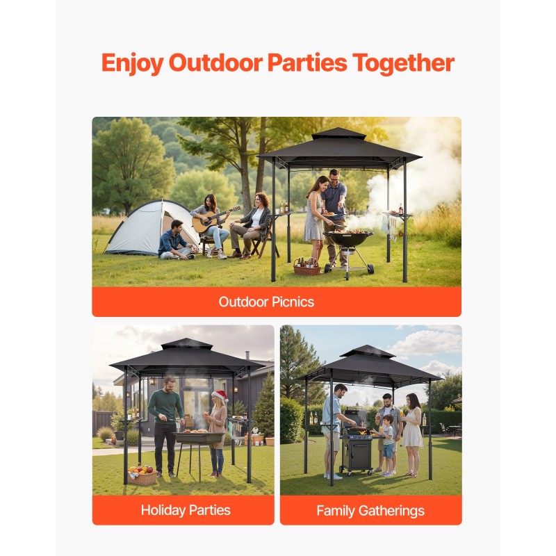 Metallinen grillikatos terassille 2–4 hengelle 2,43×1,5 m teräsrunko UV-suojattu kaksikerroksinen katto