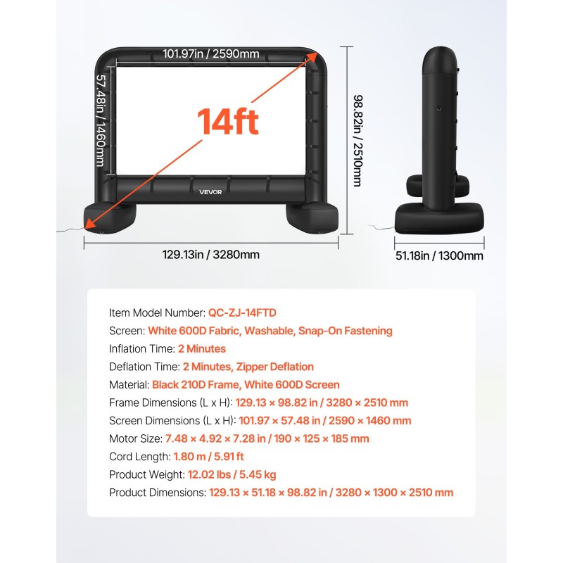 Puhallettava elokuvakangas 14 jalan 600D pestävä valkokangas ulkokäyttöön