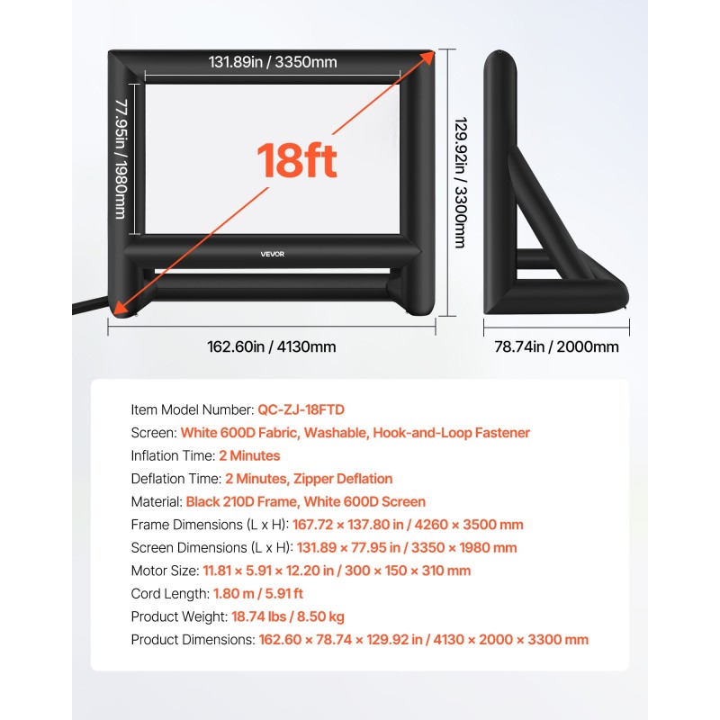 Puhallettava valkokangas 5,5 m 16:9 valkoinen 600D pestävä musta 210D runko