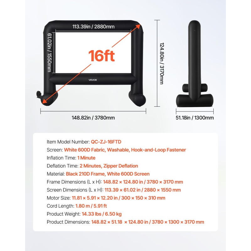 Puhallettava valkokangas 600D pestävä 288 x 155 cm ulkokäyttöön