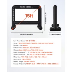 Puhallettava 15 jalan valkokangas 16:9 600D-pesunkestävä irrotettava