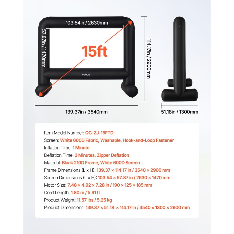 Puhallettava 15 jalan valkokangas 16:9 600D-pesunkestävä irrotettava
