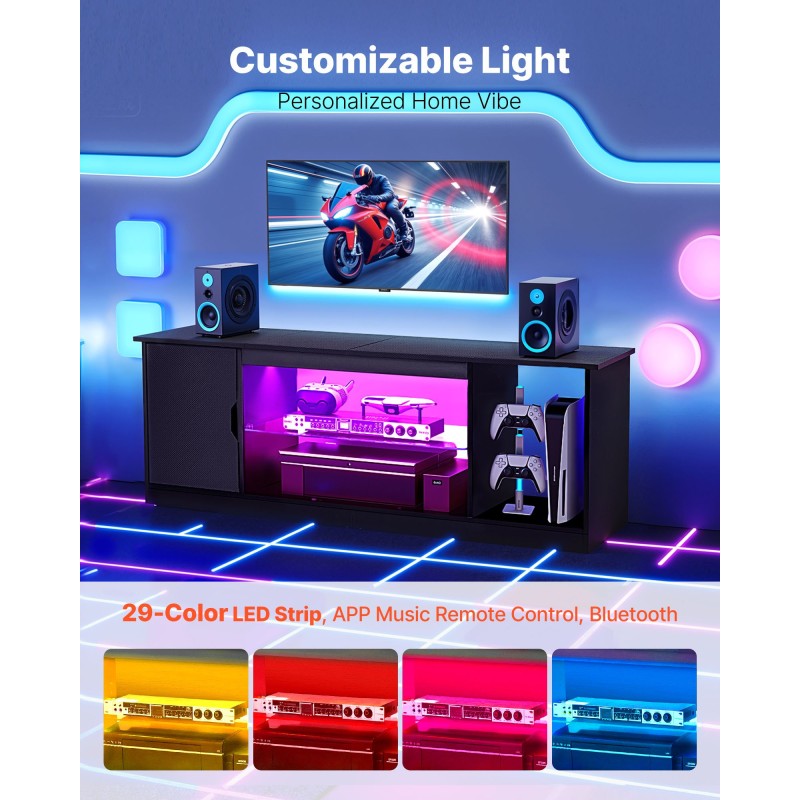 TV-taso karkaistusta lasista P2-luokan lastulevy 65 tuumalle säädettävillä hyllyillä LED-valonauhalla