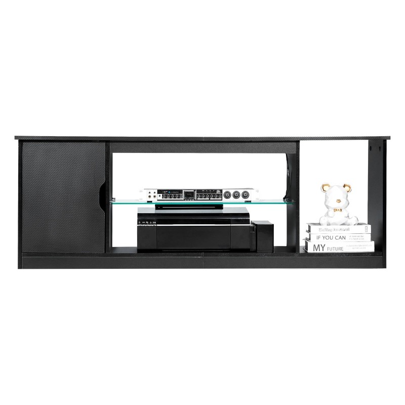 TV-taso karkaistusta lasista P2-luokan lastulevy 65 tuumalle säädettävillä hyllyillä LED-valonauhalla