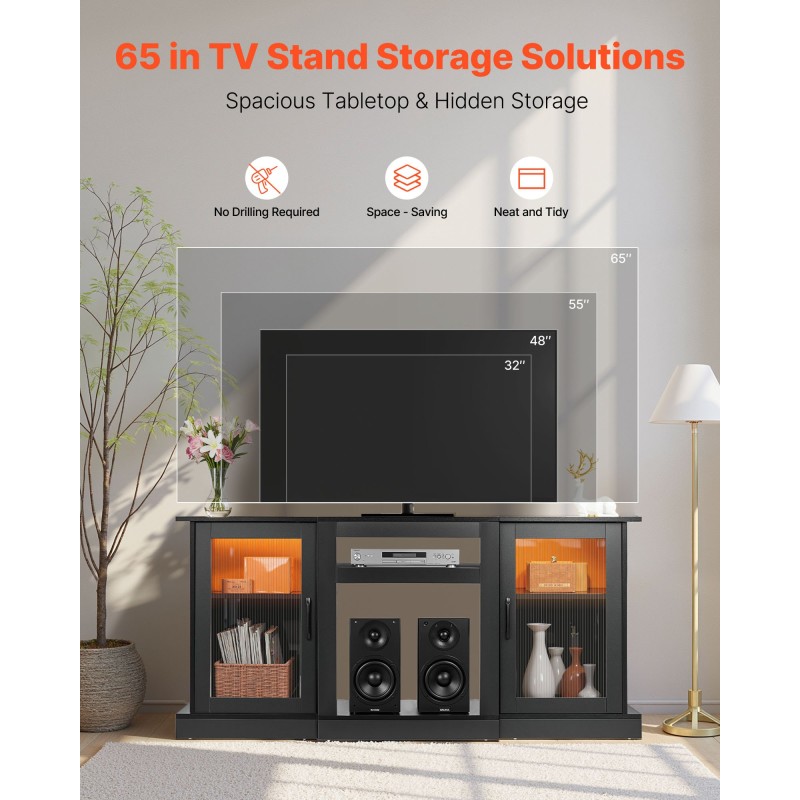 Televisiotaso karkaistulla lasilla ja lastulevyllä enintään 65-tuumaisille kolmella säädettävällä hyllyllä LED-valonauhalla