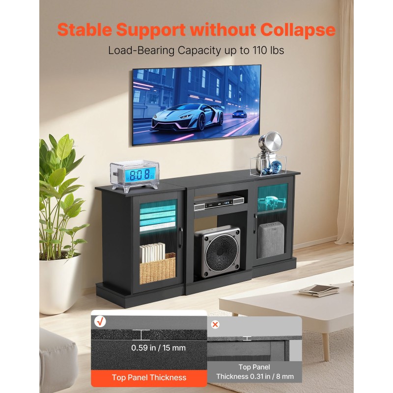 Televisiotaso karkaistulla lasilla ja lastulevyllä enintään 65-tuumaisille kolmella säädettävällä hyllyllä LED-valonauhalla