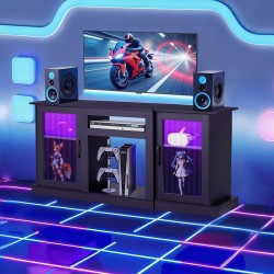 Televisiotaso karkaistulla lasilla ja lastulevyllä enintään 65-tuumaisille kolmella säädettävällä hyllyllä LED-valonauhalla