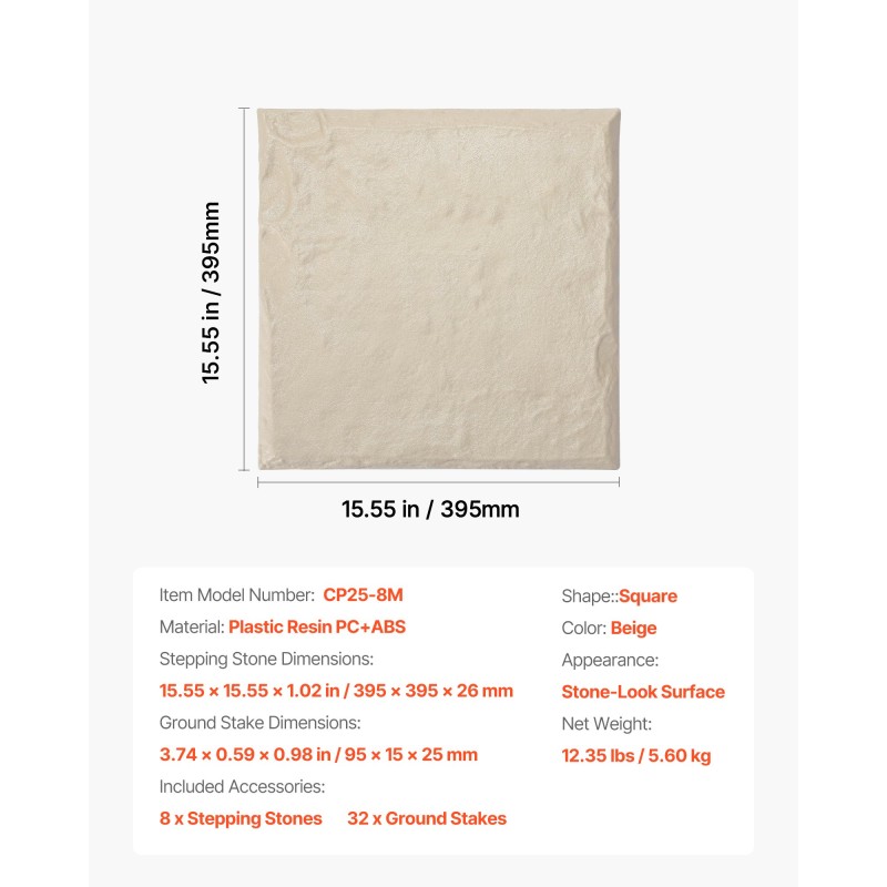 Puutarhan askelkivet 8 kpl PC- ja ABS-muovihartsista 395×395×26 mm beige