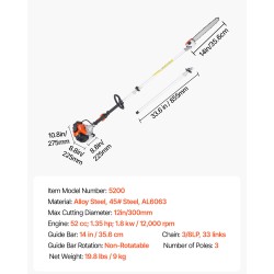 Bensiinikäyttöinen jatkovarsioksasaha 2-tahtinen moottori 14 tuuman laippa alumiininen jatkovarsi 2,2–2,94 m ulottuvuus