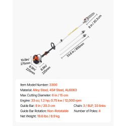 Bensiinikäyttöinen oksasaha kaksitahtinen 33 cm³ 20,3 cm laippa pituussäädettävä AL6063 alumiinivarsi