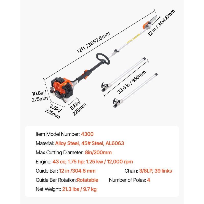 Jatkovarsisaha bensiinikäyttöinen 43 cc 2-tahti 30,48 cm terälaippa 3,66 m jatkovarsi