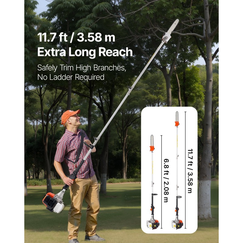 Jatkovarsioksasaha bensiinikäyttöinen 43 cc 25,4 cm laippa 2,08–3,58 m