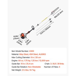 Jatkovarsioksasaha bensiinikäyttöinen 43 cc 25,4 cm laippa 2,08–3,58 m