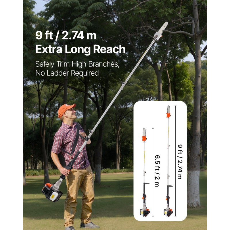 Bensiinikäyttöinen jatkovartinen oksasaha 25 cm3 2-tahtinen 20,3 cm laippa 2–2,74 m