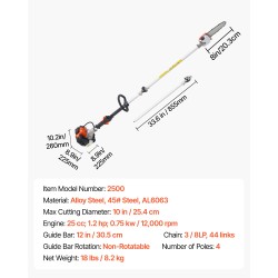 Bensiinikäyttöinen jatkovartinen oksasaha 25 cm3 2-tahtinen 20,3 cm laippa 2–2,74 m