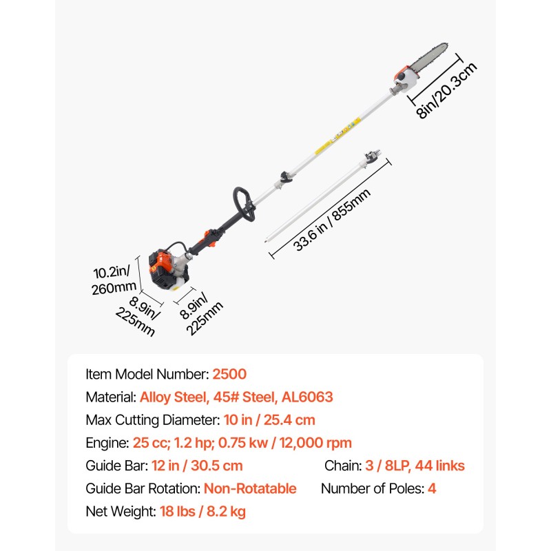 Bensiinikäyttöinen jatkovartinen oksasaha 25 cm3 2-tahtinen 20,3 cm laippa 2–2,74 m