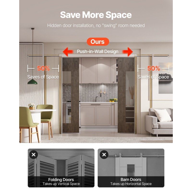 Liukuoven karmipaketti puu ja teräsrakenne säädettävä 1219–1829 mm kaksisuuntainen pehmeä sulkeutuminen makuuhuoneisiin