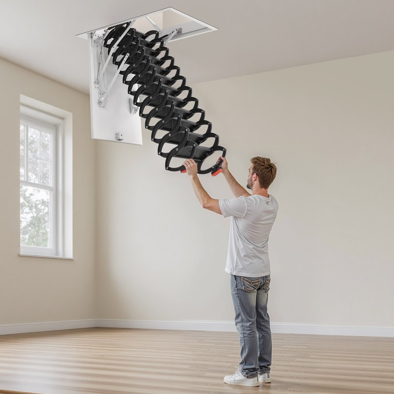 Alasvedettävä ullakkoportaikko teräs-alumiini-puurunko 2,9–3,1 m kattokorkeudelle 299 kg kantavuus