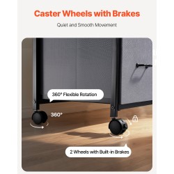 Metallinen arkistokaappi kolme kangaslaatikkoa kaksi avohyllyä puinen taso pyörillä